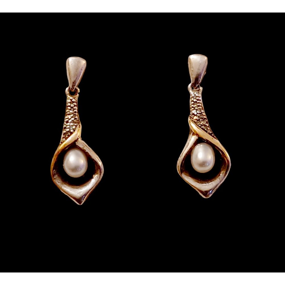 14k Gold Sterling Silver 1/20ct Diamond Oval Cultured Pearl Lily Drop Earrings